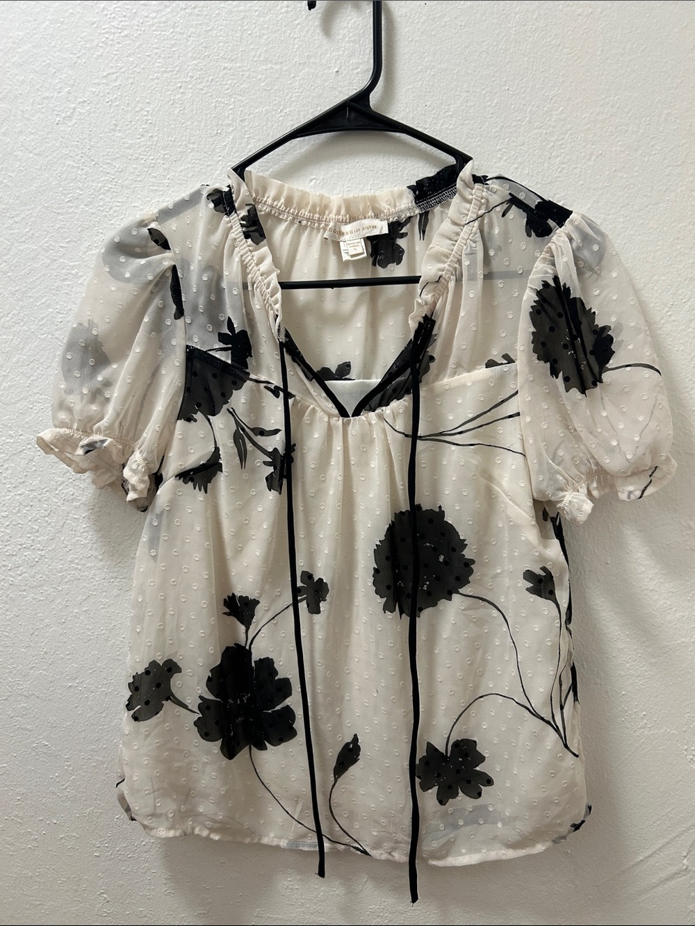 Cream Swiss Dot Floral Peasant Blouse with Black Print